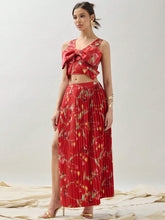 Women's Sleeveless Floral Printed Bow Tie Blouse Top And Pleated Skirt